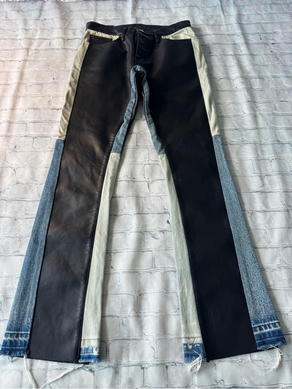 ✅ MNML Black, Blue & Cream Patchwork B417 Faux LEATHER FLARE PANTS size 28